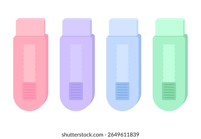 Set of sliding erasers in pastel colors purple, pink, blue, and green. Flat design with soft light and realistic details.