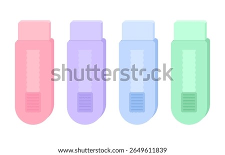 Set of sliding erasers in pastel colors purple, pink, blue, and green. Flat design with soft light and realistic details.