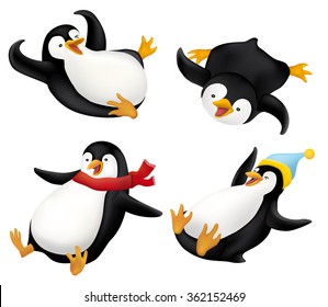 Conjunto de ilustração de pinguins deslizantes