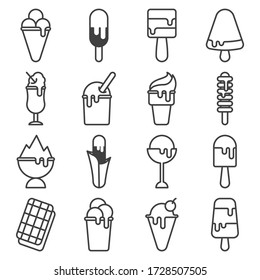 Set of slightly melted ice cream icons. Various options and types of ice cream in cups. Minimalistic linear design. Isolated vector on a white background.