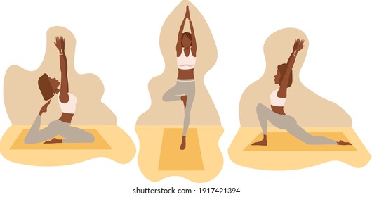 Set of slim athletic young African American woman doing yoga and fitness. Healthy lifestyle. Collection of cartoon female characters demonstrating different yoga poses, vector