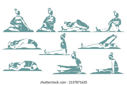 Set of slim athletic young woman doing yoga and fitness. Healthy lifestyle. Collection of one line drawn female characters demonstrating different yoga positions isolated on white background