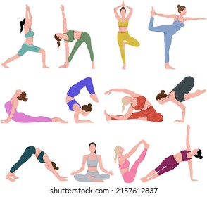 Set of slim athletic young woman doing yoga and fitness. Healthy lifestyle. Collection of female cartoon characters demonstrating various yoga positions isolated on white background - vector