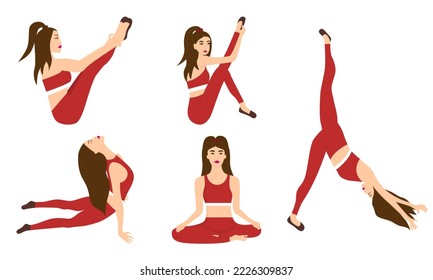 Set of slim athletic young woman doing yoga and fitness. Healthy lifestyle. Collection of female cartoon characters demonstrating various yoga positions isolated on white background - vector