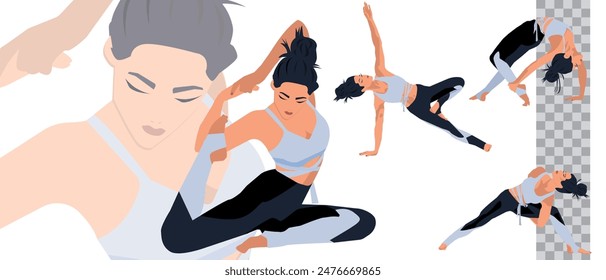 Set of slim athletic young woman doing yoga and fitness. Healthy lifestyle. Collection ,vector, png