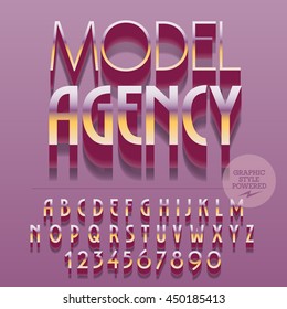 Set of slim glossy golden alphabet letters, numbers and punctuation symbols. Vector reflective polished icon with text Model agency. File contains graphic styles