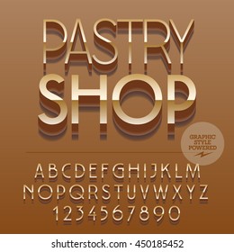 Set of slim glossy golden alphabet letters, numbers and punctuation symbols. Vector reflective elegant emblem with text Pastry shop. File contains graphic styles