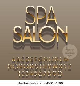 Set of slim glossy golden alphabet letters, numbers and punctuation symbols. Vector reflective elite logo with text Spa salon. File contains graphic styles