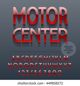 Set of slim glossy metal alphabet letters, numbers and punctuation symbols. Vector reflective plastic emblem with text Motor center. File contains graphic styles