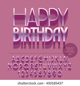 Set of slim glossy silver alphabet letters, numbers and punctuation symbols. Vector reflective greeting card with text Happy birthday. File contains graphic styles