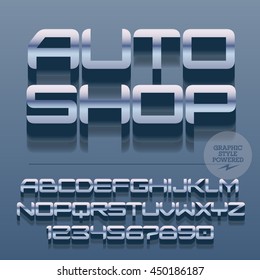 Set of slim glossy silver alphabet letters, numbers and punctuation symbols. Vector reflective stylish sign with text Auto shop. File contains graphic styles