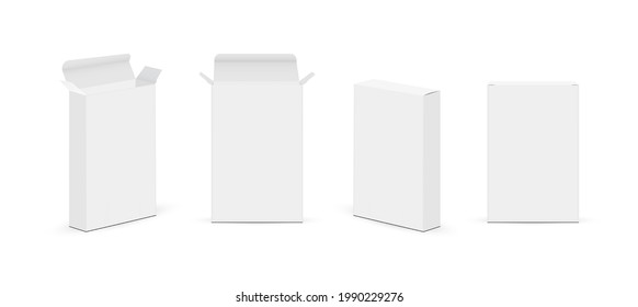 Set of Slim Paper Rectangular Boxes with Various Views, Isolated on White Background. Vector Illustration