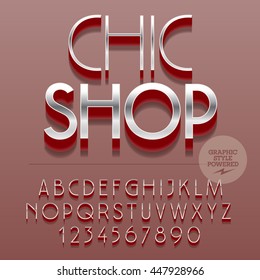Set of slim reflective alphabet letters, numbers and punctuation symbols. Vector emblem with text Chic shop. File contains graphic styles