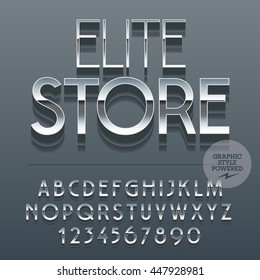 Set of slim reflective alphabet letters, numbers and punctuation symbols. Vector sign with text Elite store. File contains graphic styles