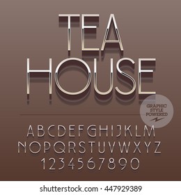 Set of slim reflective alphabet letters, numbers and punctuation symbols. Vector logo with text Tea house. File contains graphic styles