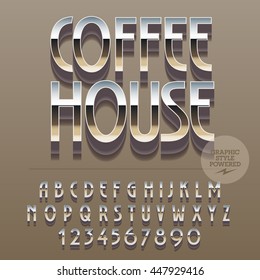 Set of slim reflective alphabet letters, numbers and punctuation symbols. Vector logotype with text Coffee house. File contains graphic styles