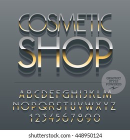 Set of slim reflective alphabet letters, numbers and punctuation symbols. Vector platinum emblem with text Cosmetic shop. File contains graphic styles
