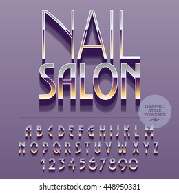 Set of slim reflective alphabet letters, numbers and punctuation symbols. Vector platinum emblem with text Nail salon. File contains graphic styles