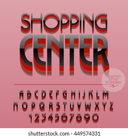 Set of slim reflective alphabet letters, numbers and punctuation symbols. Vector glossy plastic logo with text Shopping center. File contains graphic styles