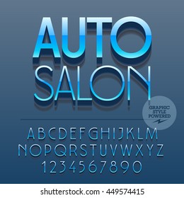 Set of slim reflective alphabet letters, numbers and punctuation symbols. Vector glossy plastic sign with text Auto salon. File contains graphic styles