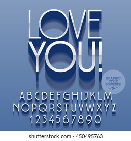 Set of slim reflective alphabet letters, numbers and punctuation symbols. Vector platinum greeting card with text Love you! File contains graphic styles