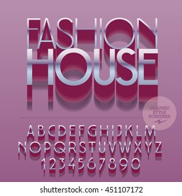 Set of slim reflective alphabet letters, numbers and punctuation symbols. Vector silver logotype with text Fashion house. File contains graphic styles