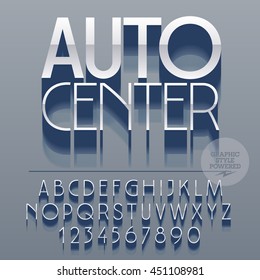 Set of slim reflective alphabet letters, numbers and punctuation symbols. Vector silver logotype with text Auto center. File contains graphic styles