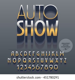 Set of slim reflective alphabet letters, numbers and punctuation symbols. Vector emblem with text Auto show.File contains graphic styles