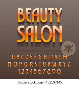 Set of slim reflective metallic alphabet letters, numbers and punctuation symbols. Vector bright label with text Beauty salon. File contains graphic styles