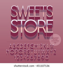 Set of slim reflective silver alphabet letters, numbers and punctuation symbols. Vector pink emblem with text Sweets store. File contains graphic styles