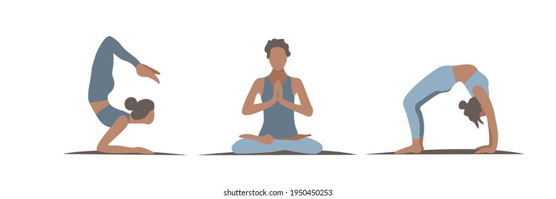 Set of slim sportive woman doing yoga streches and  fitness exercises. Healthy lifestyle. Female cartoon characters demonstrating various yoga positions. Vector white background 