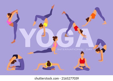 Set of slim sportive woman doing yoga exercises. Healthy lifestyle. Collection of female cartoon characters demonstrating various yoga positions. Vector 