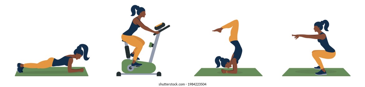 Set of slim sportive young black woman doing fitness exercises. African-American girls plays sports. Black female character  performs handstand, exercise bike, plank, squats. Flat vector illustration