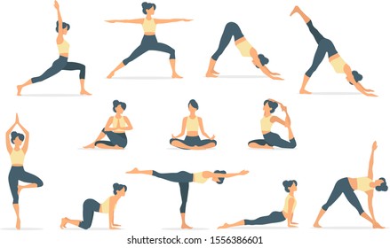 Set of slim sportive young woman doing yoga & fitness exercises. Healthy lifestyle. Collection of female cartoon characters demonstrating various yoga positions isolated on white background - Vector  - Shutterstock ID 1556386601