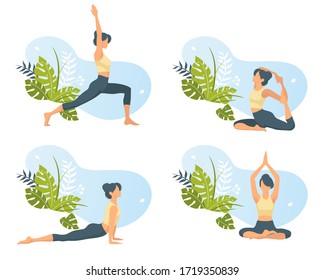 Set of slim sportive young woman practicing yoga, fitness, sport exercises. Healthy lifestyle. Collection of female cartoon character demonstrating various yoga poses. Isolated background. Vector