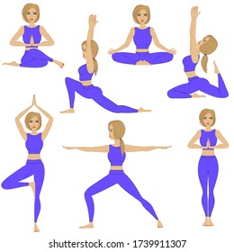 Set of slim sportive young woman doing yoga. Collection of female cartoon characters demonstrating various yoga positions isolated. Healthy lifestyle. Vector stock illustration on a white background.