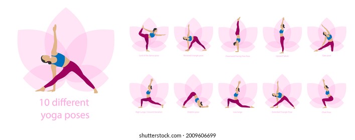 Set of slim sportive young woman doing yoga, Yoga complex, fitness exercises. Healthy lifestyle. Collection of female characters demonstrating various yoga positions isolated on white background