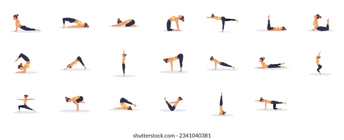 Joven deportista delgada haciendo ejercicios de yoga. Estilo de vida saludable. Colección de personajes de dibujos animados femeninos que muestran varias posiciones de yoga - Conjunto de vectores