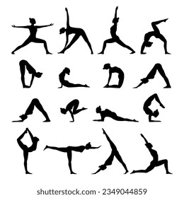 Set of slim sportive young woman silhouette doing yoga and fitness exercises