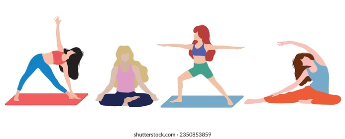 Set of slim sportive young woman doing yoga or fitness exercises. Healthy lifestyle. Collection of female cartoon characters demonstrating various yoga positions isolated on white background.