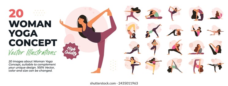 Set of slim sportive young woman doing yoga and fitness exercises. Healthy lifestyle. Collection of female cartoon characters demonstrating various yoga positions. Vector Illustration