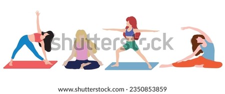 Set of slim sportive young woman doing yoga or fitness exercises. Healthy lifestyle. Collection of female cartoon characters demonstrating various yoga positions isolated on white background.