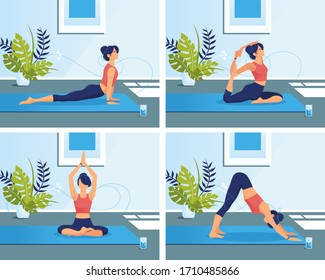 Set of slim sporty young woman woman practicing yoga & fitness exercises indoor. Healthy lifestyle. Collection of female cartoon character demonstrating various yoga poses at home or in class. Vector