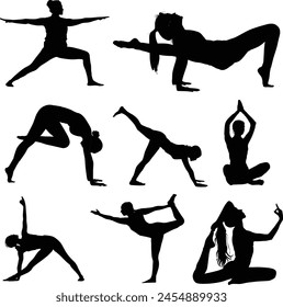 Set of slim sporty young women doing yoga fitness exercises. Collection of female characters demonstrating various yoga positions isolated on a white background. Vector black Illustration Images. svg
