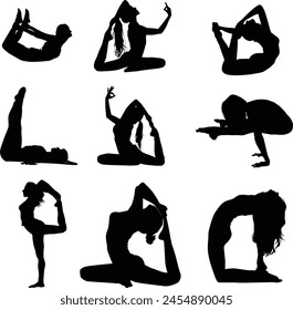 Set of slim sporty young women doing yoga fitness exercises. Collection of female characters demonstrating various yoga positions isolated on a white background. Vector black Illustration Images.