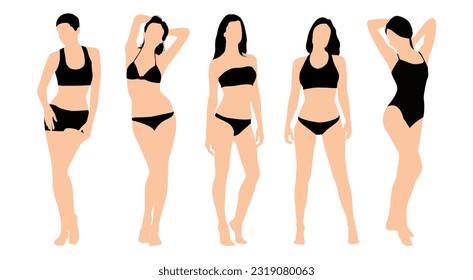 Conjunto de mujeres delgadas en bikini. Mujeres de moda en traje de baño o bikini de ilustración vectorial plana. 