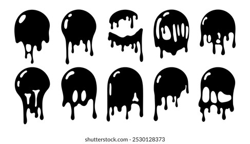 Conjunto de burbujas de baba gotas. Elementos de Vector de goteo de aceite dibujados a mano para diseño y decoración. El líquido de dibujos animados está fluyendo.