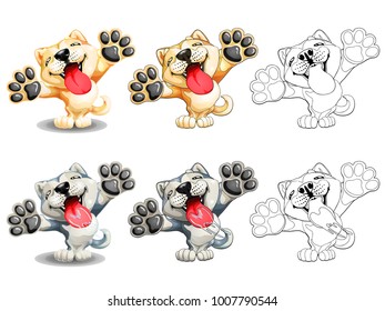 The set of slime dogs of a Akita Inu, yellow red and gray with white standing on hinder legs. The variants of colorfull and contour line. A cartoon vector illustration isolated on white.