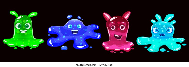 Set Slime jelli monsters characters, liquid green red cyan blue creatures. Funny cute cartoon vector illustration on black background