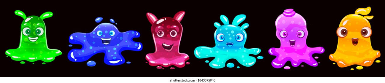 Set Slime jelli monsters characters, liquid yellow green red cyan violet blue creatures. Funny cute cartoon vector illustration on black background